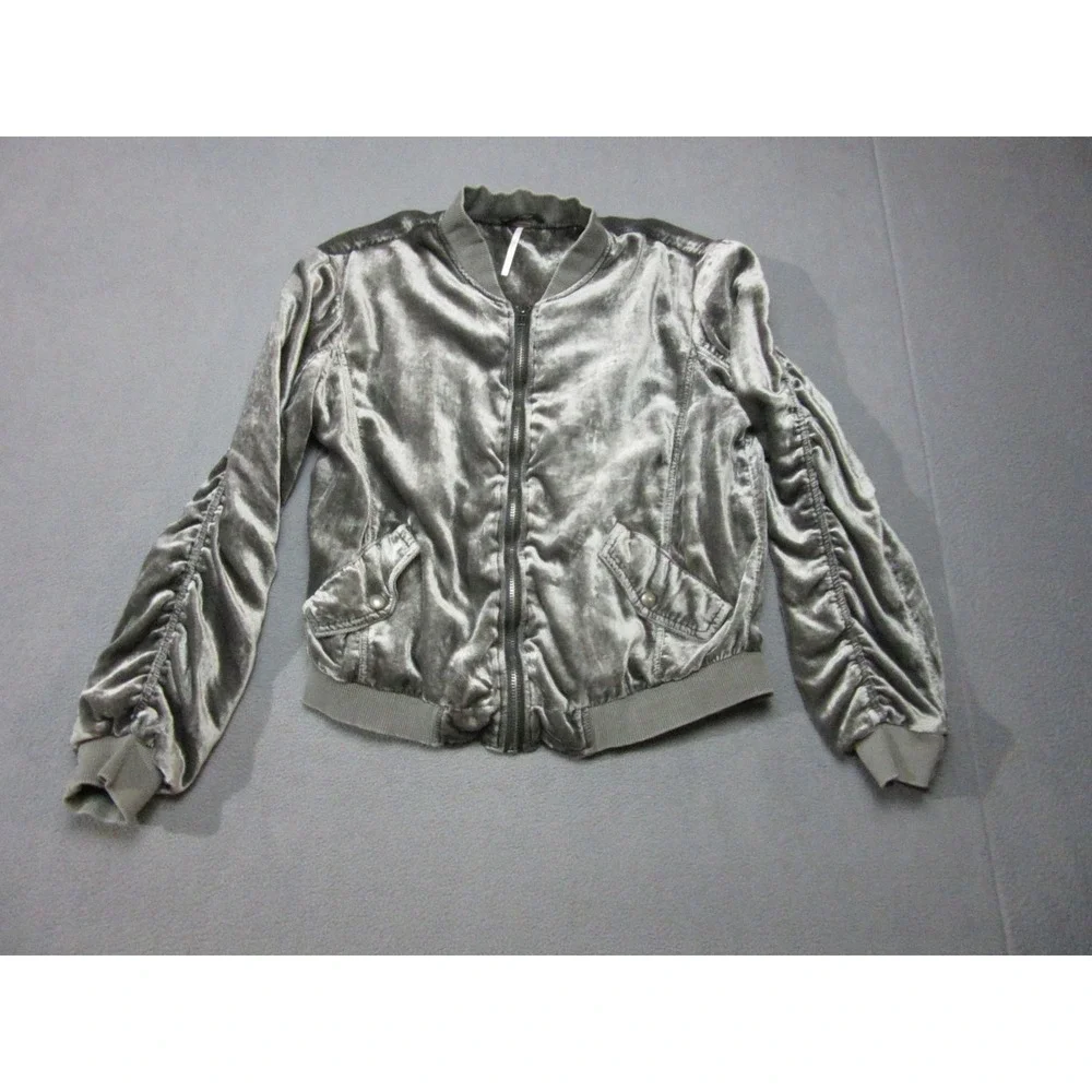 Free People Jacket Womens Small Gray Ruched Crushed Velvet Bomber Ribbed Trim